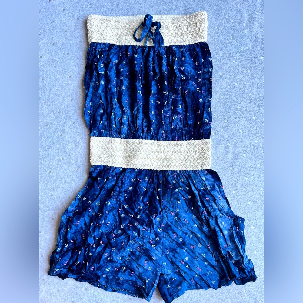 Blue and White Strapless Romper